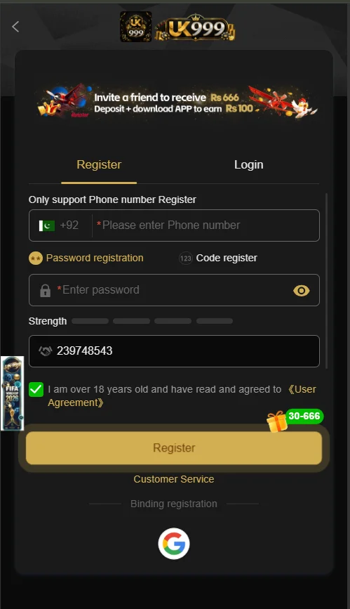 uk999 game register and login interface