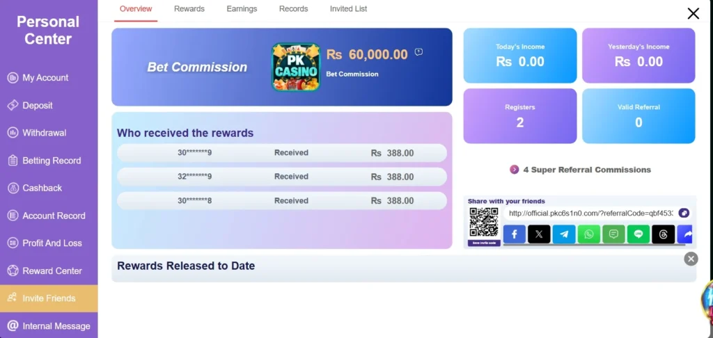 pkcasino game reward center